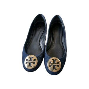 Tory Burch Womens 8 Quilted Denim Ballet Flats Navy Gold Logo Ballerina Preppy